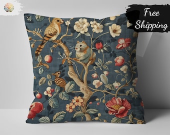 William Morris Print Pillow Cover, Floral and Bird Pattern, Decorative Throw Cushion Case, Vintage Style Home Decor, 18x18 inch