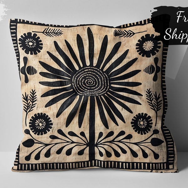 Bohemian Sunburst Mudcloth Pillow Cover, Black and Beige Ethnic Cushion Case, Home Decor Accent
