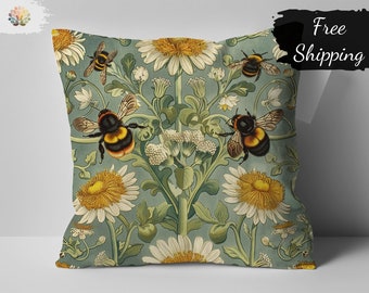 William Morris Print Bumblebee and Daisy Decorative Pillow, Vintage Floral Design Cushion Cover