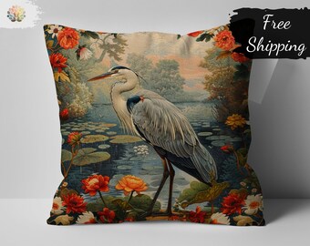 Vintage William Morris Style Heron and Floral Print Decorative Pillow Cover, Artistic Home Decor Cushion