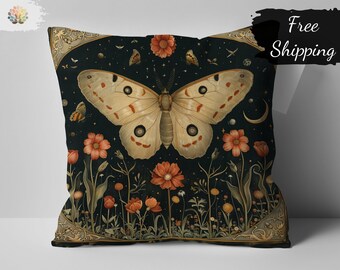 Vintage Moth and Floral Pillow, William Morris Inspired Decorative Throw Cushion, Artistic Home Accessory