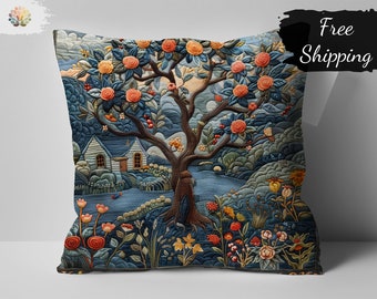 William Morris Inspired Tree of Life Decorative Throw Pillow, Vintage Style Nature and Floral Design, Artistic Home Decor Cushion