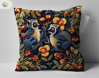 Cuscino con design ricamato lemure ispirato a William Morris, cuscino decorativo con motivi floreali e animali