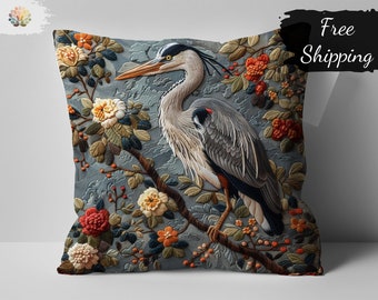 William Morris Inspired Heron Embroidered Pillow - Floral Nature Artwork Decorative Throw Cushion for Home and Living