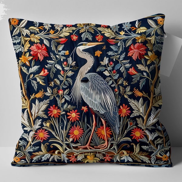 William Morris Inspired Crane Floral Throw Pillow, Unique Mom Gift, Vintage Style Home Decor