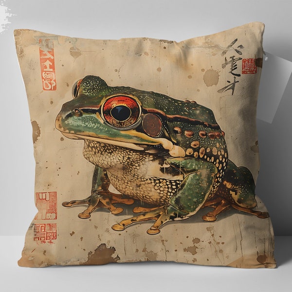 Chinoiserie Frog Pillow, Vibrant Vintage Art, Unique Mom Gift, Home Decor, Oriental Style Cushion