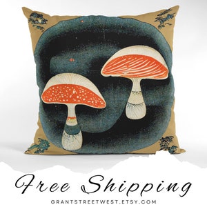 Black Mushroom Pillow Housewarming Gift Funky Throw Pillow, Sage Green and Cream Decor Cottagecore Dark Academia, Aesthetic Pillow