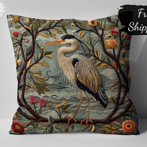 Vintage Heron Embroidery Pillow Cover, Floral William Morris Print Design, Elegant Home Decor Accent, Artistic Nature-Inspired Cushion