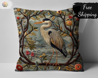 Vintage Heron Embroidery Pillow Cover, Floral William Morris Print Design, Elegant Home Decor Accent, Artistic Nature-Inspired Cushion