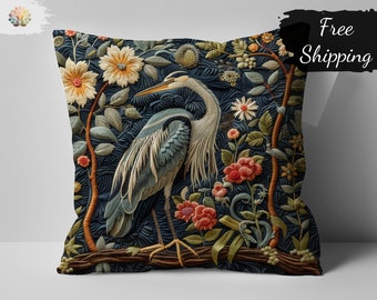 Vintage William Morris Print Pillow, Heron and Floral Embroidery Design, 18x18 Home Decor Cushion