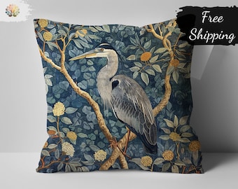 William Morris Print Heron Pillow, Decorative Throw Pillow with Bird and Floral Design, Vintage Inspired Nature Cushion