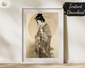 Afdrukbare Wall Art Geisha schilderij | Digitale download Japanse muurkunst Wabi Sabi Decor boven bed Decor Geisha Wall Art Wabi Sabi Wall Arts