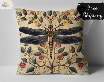 Vintage Dragonfly William Morris Print Decorative Pillow, Artistic Nature Inspired Design, Beige Floral Background