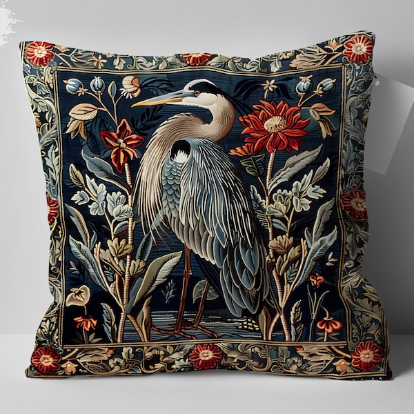 William Morris Inspired Heron Decorative Pillow, Vintage Botanical Cushion Cover, Unique Mom Gift Idea, Artistic Home Decor