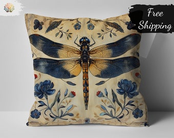 Vintage-Inspired Dragonfly Floral William Morris Print Decorative Pillow, Elegant Home Decor Cushion