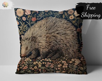 William Morris Print Hedgehog Floral Decorative Pillow, Vintage Inspired Nature and Wildlife Home Accent