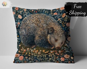 William Morris Print Inspired Hedgehog Floral Pillow Cover, Decorative Vintage Style Cushion, Home Decor Gift