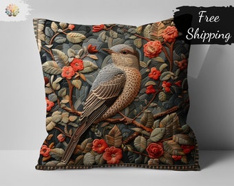 William Morris Bird Print Decorative Pillow, Vintage Floral Bird Design Throw Cushion, Artistic Home Decor Accent