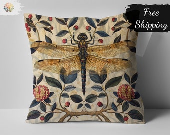 William Morris Print Dragonfly Cushion Cover, Vintage Style Floral Decorative Pillow, Botanical and Insect Design Home Decor