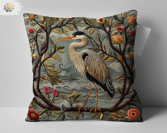 Vintage Heron  Cottagecore Pillow, Floral William Morris Print Design, Elegant Home Decor Accent, Artistic Nature-Inspired Cushion