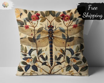 Vintage William Morris Print Dragonfly Botanical Decorative Throw Pillow, Artistic Home Decor, Nature Inspired Living Room Accessory