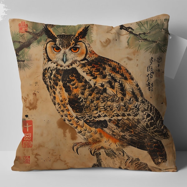 Chinoiserie Owl Pillow, Vintage Style Owl Art Cushion, Perfect Mom Gift, Oriental Bird Home Decor, Unique Living Room Accessory