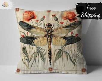 Vintage Dragonfly Print Pillow, William Morris Style Floral Decorative Throw Pillow, Artistic Cushion for Home and Garden
