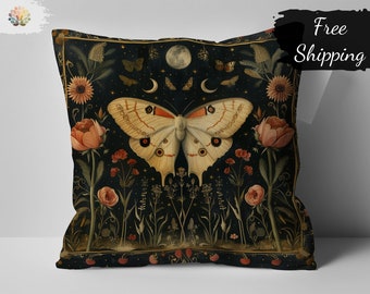 Vintage Inspired William Morris Print Pillow, Moths and Floral Botanical Art, Gothic Style Home Decor Cushion, Renaissance Aesthetic