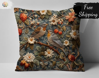William Morris Print Bird and Floral Pillow Cover, Artistic Decorative Throw Pillow, Vintage Style Cushion for Sofa or Bed