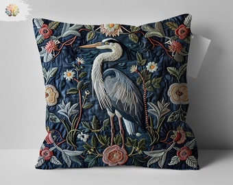 William Morris Inspired Heron Design Pillow, Perfect Mom Gift, Embroidered Floral Nature Decor