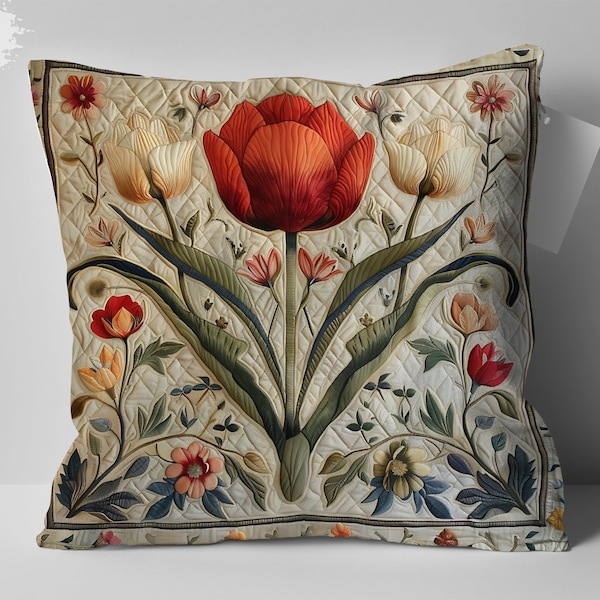 William Morris Flower Design Pillow, Tulip and Floral Embroidery, Perfect Mom Gift, Home Decor Accent, Elegant Botanical Cushion