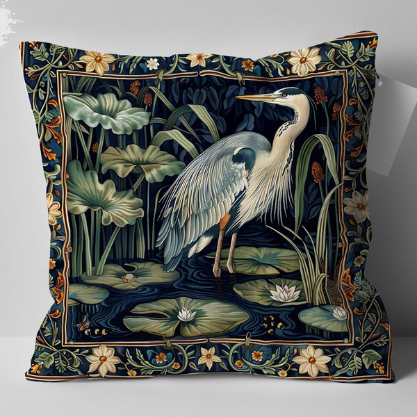 William Morris Inspired Heron and Water Lilies Design Pillow, Elegant Home Decor, Perfect Mom Gift