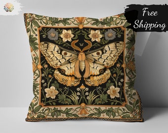 William Morris Inspired Butterfly Art Throw Pillow, Floral Pattern Decorative Cushion, Vintage Botanical Home Decor