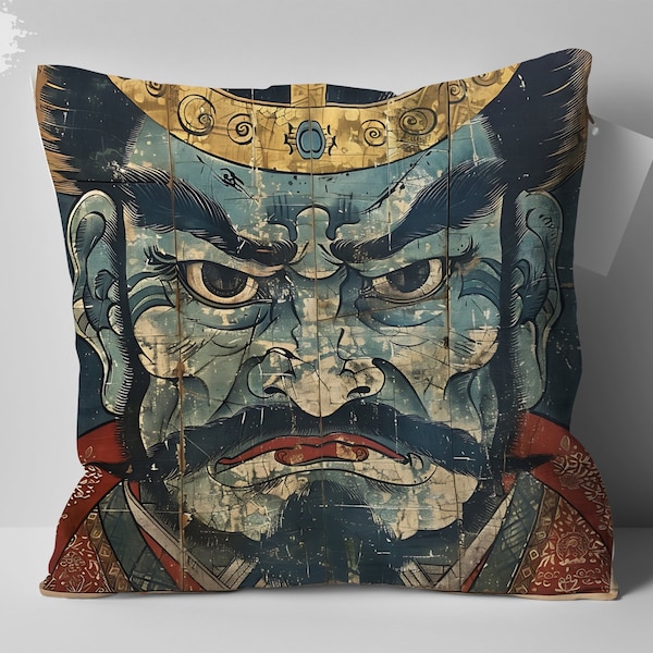 Japandi Style Wabi Sabi Inspired Chinoiserie Ancient Warrior Art Printed Pillow, Decorative Home Accessory