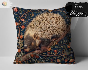 William Morris Inspired Hedgehog Print Decorative Throw Pillow, Botanical Nature Art Cushion Cover, Home Decor