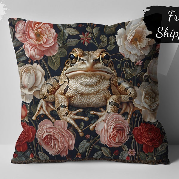 William Morris Inspired Floral and Frog Design Cushion, Decorative Throw Pillow, Vintage Botanical Style Living Room Accent