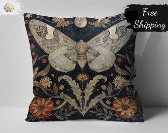 Vintage William Morris Print Moth and Floral Design Throw Pillow, Decorative Cushion for Home