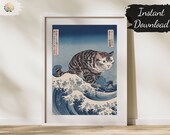 Printable Wall Art Cat Wave Painting | Digital Download Wabi Sabi Decor Japanese Wall Art Above Bed Decor Cat Wall Art Wabi Sabi Wall