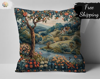 Vintage William Morris Print Pillow Cover, Decorative Home Decor, Countryside Scene with Floral Border