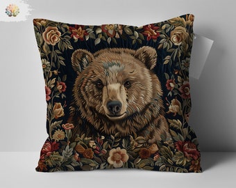 Cuscino dal design floreale con orso ispirato a William Morris, fodera per cuscino in stile vintage, accento per la casa