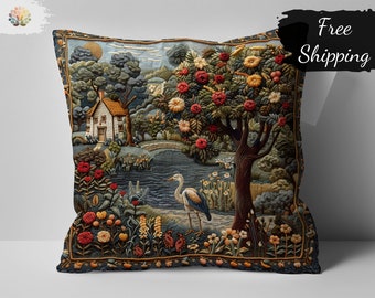 Vintage William Morris Print Pillow, Decorative Tree and Heron Design, Artistic River Landscape Cushion, Detailed Embroidery Look