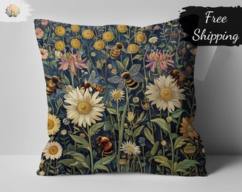 William Morris Print Floral and Bee Design Pillow, Decorative Throw Cushion, Vintage Botanical Home Decor, Artistic Living Room Accessory