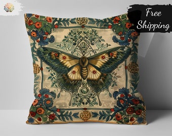 William Morris Print Inspired Moth and Floral Art Pillow, Decorative Vintage Throw Pillow, Nature Home Decor Accent