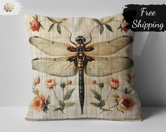 William Morris Print Dragonfly and Floral Decorative Pillow Cover, Vintage Inspired Home Decor Cushion