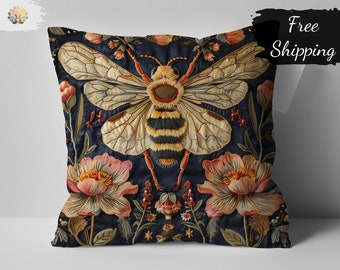 Vintage William Morris Print Pillow, Bee and Floral Embroidery Design, Decorative Blue Cushion, Artistic Home Decor