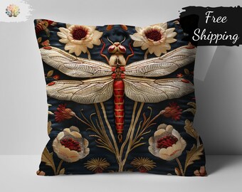 Vintage Dragonfly Embroidery Pillow, Floral Insect Design, William Morris Style Home Decor Accent