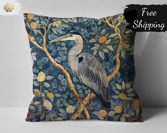 William Morris Print Heron Pillow, Vintage Inspired Decorative Cushion, Blue Botanical Nature Design, Elegant Bedroom Accessory