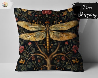 William Morris Print Dragonfly Cushion Cover, Vintage Inspired Botanical Pillow, Floral and Insect Home Decor, Artistic Sofa Accessory