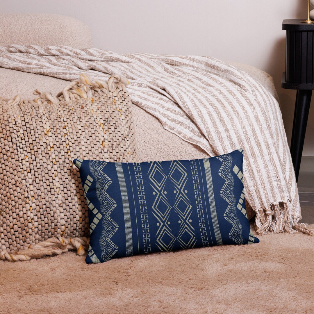 Authentic Indigo Mudcloth Long Lumbar Pillow Case African Mudcloth