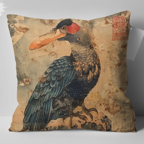 Vintage Chinoiserie Bird Print Pillow, Elegant Mom Gift, Asian Art Home Decor, Oriental Style Cushion